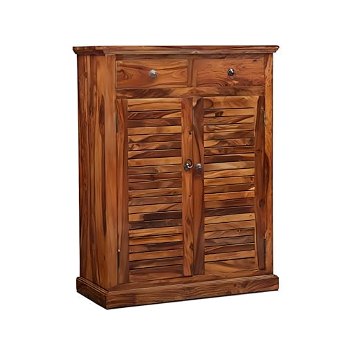 Image of Solid Sheesham Wood Multipurpose Shoe Rack | Cabinet for Living Room | Bedroom | Hall | Entryway | Home Furniture (Teak Finish)