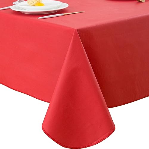 LIBERECOO Christmas Red Vinyl Tablecloth with Flannel Backing Solid Thick Felt Backed Table Cloth Stain-Resistant Table Cover for Home Dining and Outdoor Rectangle 60