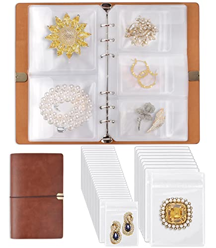 ChezMax Jewelry Organizer Book, Travel Jewelry Storage Book with Pockets, PU Leather Earrings Album, Small Accessories Holder for Bracelets Necklace Rings (40 Grids+40 Anti-Oxidation PVC Bags)
