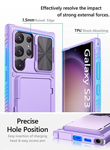 Vihibii For Samsung Galaxy S23 Ultra Case With Slide Camera Protection Cover, Built-In Card Holder (4 Cards) & Kickstand, Shockproof Rugged Wallet Phone Case For Galaxy S23 Ultra 5G 6.8" 2023, Purple #TOP4