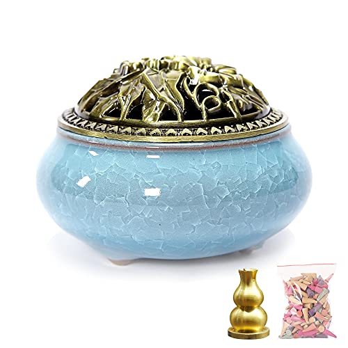 Incense Burner with Brass Incense Holder, Ceramic Incense Burner, Suitable for Linear/Cone/Pan Incense Stick Burner, There are 30 Incense Cones Inside (The Sky is Blue)
