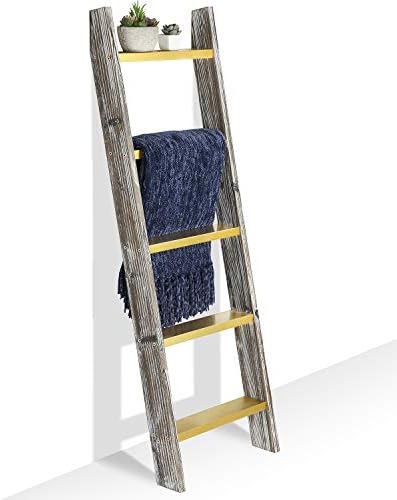 MyGift Rustic Torched Wood Blanket Ladder Farnhouse Shelf, Wall Leaning Towel Rack with 5 Rungs