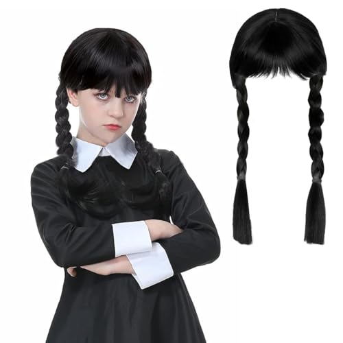 LGZIN Peluca Miercoles Adda-ms Niña, Peluca Trenzas Miércoles Adda-ms, Peluca Trenzas Negra Mujer, Miércoles Adda-ms Peluca para Halloween Carnaval Cosplay Fiesta