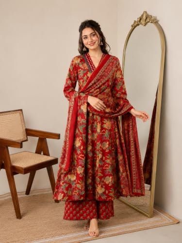 Image of Women's Rayon Printed Anarkali Kurta and Pant with Dupatta Set