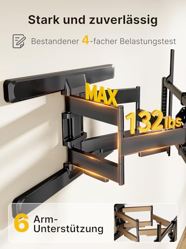 monTEK Vollbewegliche TV Wandhalterung für 43-95 Zoll Fernseher bis zu 60kg, TV Wandhalterung Schwenkbar mit Doppelten Gelenkarmen, Neigbare Wandhalterung Fernseher, Max. VESA 800x400 mm – Bild 5