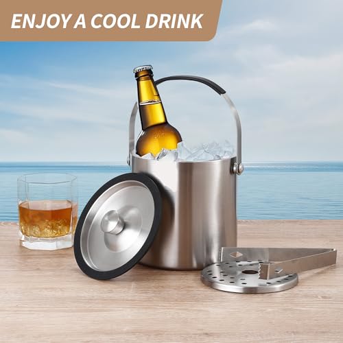 1.6L Eiswürfelbehälter, Eiskübel mit Deckel,Eiswürfelbehälter Edelstahl mit Clips und Sieb, perfekt zum Abkühlen von Getränken, Bier, Champagner und Früchten für Partys, Partys, Riegel