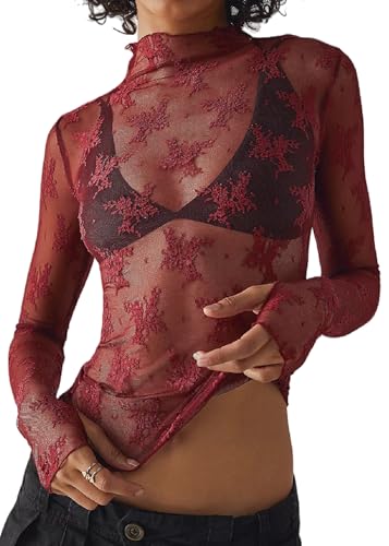 Image of Women Mesh Long Sleeve Top Lace Mock Neck Sheer Blouse Y2k Tops Floral Lace Layering Undershirt See Through Tee Shirts (Burgundy, XL)