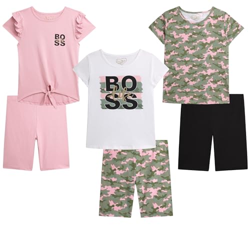 Image of Dreamstar Girls Bike Short Set - 6 Piece Graphic Tee Shirts and Athletic Performance Bike Shorts for Girls Activewear Set