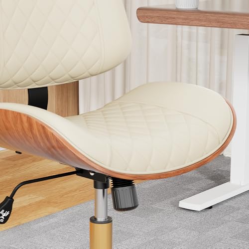 Image of Armless Office Chair with Back, Mid Century Modern Small Desk Chair, No Arms Leather Computer Chair for Home Office, Swivel Vanity Chair, Rolling, Adjustable Height (Ivory)