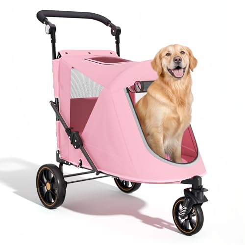 Image of Magshion Pet Stroller for Medium Dogs w/Adjustable Handle, 3-Wheel Dog Cat Wagon w/Dual Entry, Rear Storage, Breathable Mesh, One-Foot Brake, Ideal for Large Pets up to 55 lbs, Pink