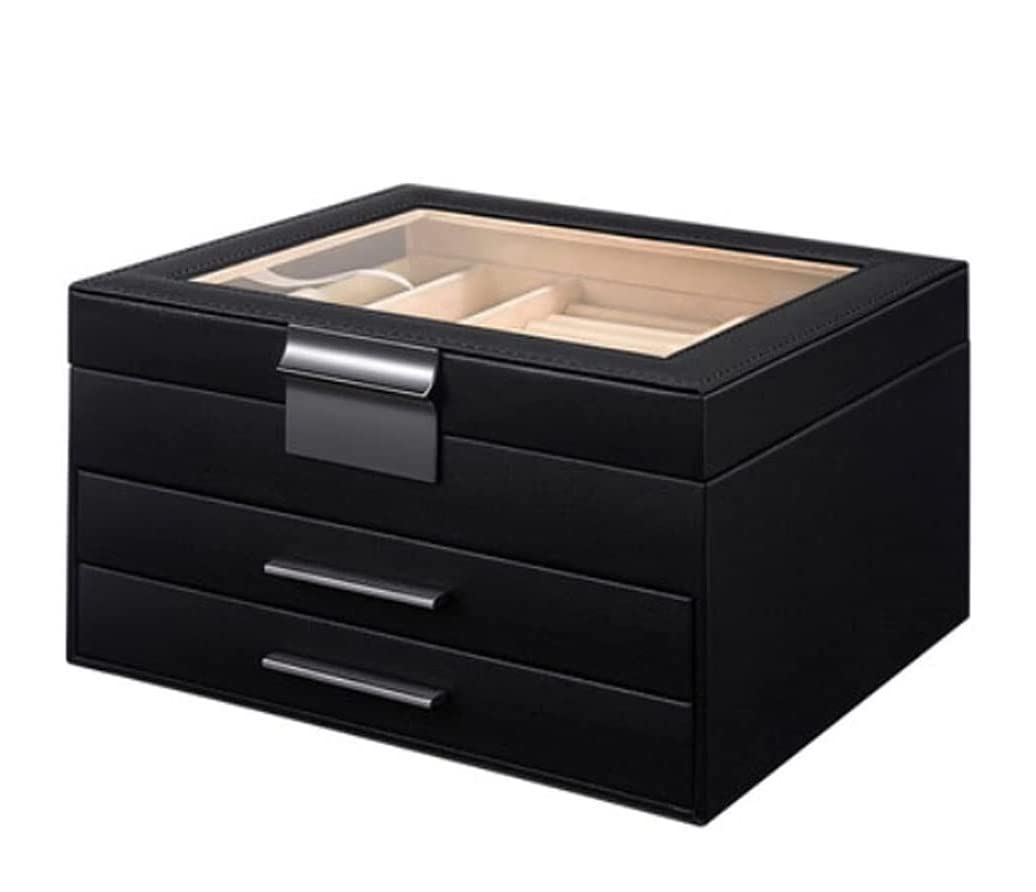 TIANQIHAO Watch Case Drawer Type Jewelry Box With Clear Glass Top Cover, Necklace Watch Earring Jewelry Leather Storage Box Watch Box,B-23.1 * 20.1 * 13.2cm