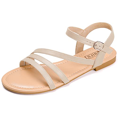 IDIFU Strappy Sandals for Women Dressy Summer Flat Sandals with Back Strap Open Toe Slingback Ankle Strap Sandals Wedding Bridal Prom Bride Bridesmaid Sandals Comfortable Cute Casual Dress Sandals