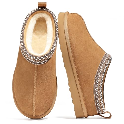 Genuine Suede Fuzzy Slippers for Women Winter Warm House Shoes Cozy Mini Boots for Indoor Outdoor