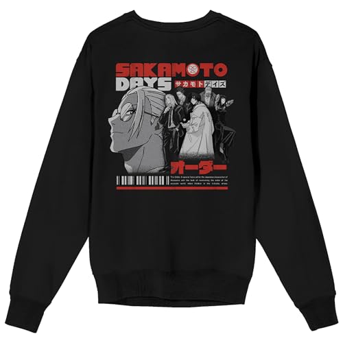 Sakamoto Days - Logo text, Sakamoto days Characters on grayscale, barcode, Kanji text on Black Adult Crew Neck Sweatshirt3