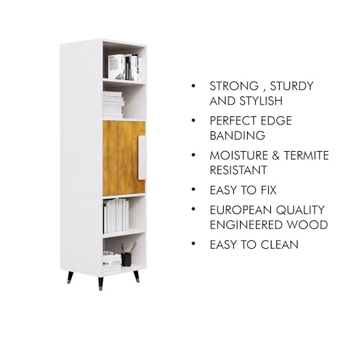 Image of Bniture Bookshelf for Home | Engineered Wood Book Shelf with 1 Door & 4 Shelf | Open Book Shelf Stand for Library | Multipurpose Display Organizer for Living Room & Study | Frosty White & Giant Wood