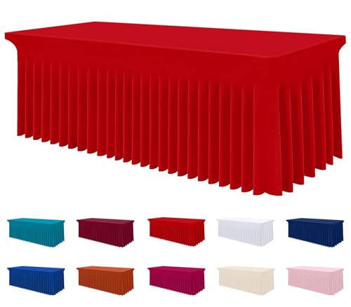 Image of Smiry Spandex Elastic Fitted Table Cloth Skirt for 8FT Rectangle Table | Stretch Washable Table Cloth, Banquet Table Cover for Wedding, Party, Indoor & Trade Shows, (Red, 96Lx36Wx30H)