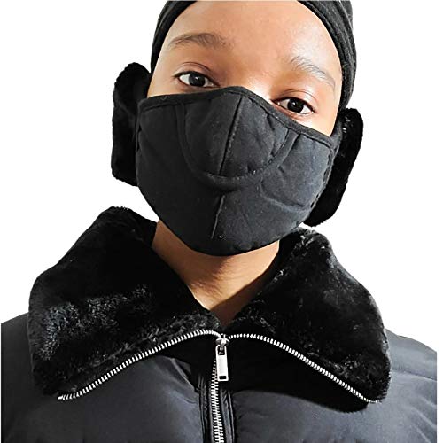 Naturally Daizy Unisex Warm Plush Face Cover with Adjustable Earmuffs Ear loop, Reusable Soft Lightweight Windproof Winter Full Ear Cover for Outdoor Activities (Black)