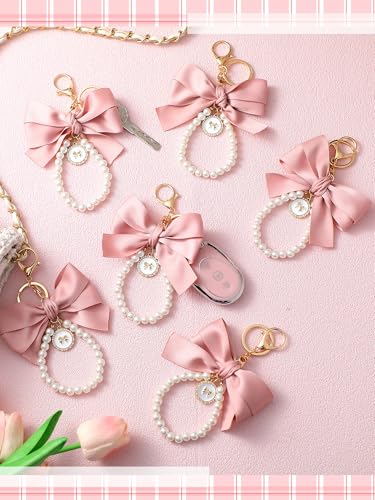 Image of Sureio Pink Bow Keychain Coquette Pearl Bowknot Keyring Bulk Wristlet Keychain Vintage Ribbon Purse Charm for Women Handbags