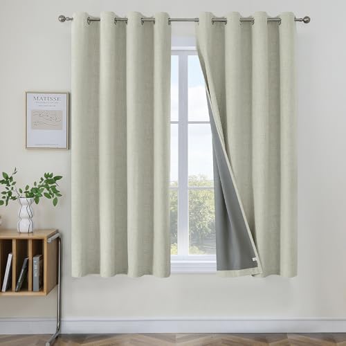Image of Joydeco Blackout Curtains 63 Inches Long 2 Panels Burg, Room Darkening Curtains for Bedroom, 100% Black Out Textured Thermal Drapes Privacy Protection 2 Panels Set(W42 x L63 Inch, Light Beige)