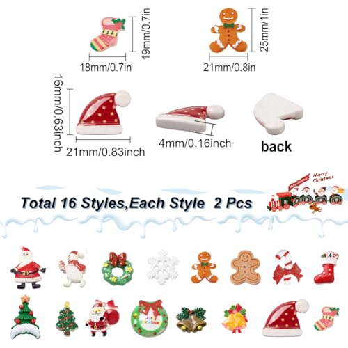 SUNNYCLUE 32Pcs 16 Style Christmas Cabochons Flatback Christmas Resin Embellishments Santa Claus Snowman Jingle Bells for Christmas Decorations Gingerbread Scrapbooking Snowman Xmas Gift Box Decor - Image 2