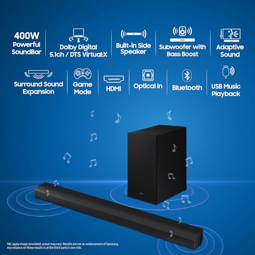Image of Samsung 400 W 5.1 ch (HW-B750D /XL) Dolby Soundbar, Center Firing Speakers, Surround Sound Expansion, DTS Virtual:X, Bluetooth, HDMI, Optical in (Black)