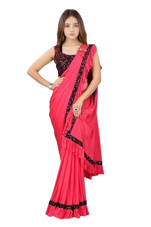 NILKANTHVARNI CREATION Kids Girls Lycra Blend Ready To Wear Saree With Sequence Blouse Piece (3-4 yrs to 12-13 yrs) (Gajari, 12-13 Years - XL)-image-18