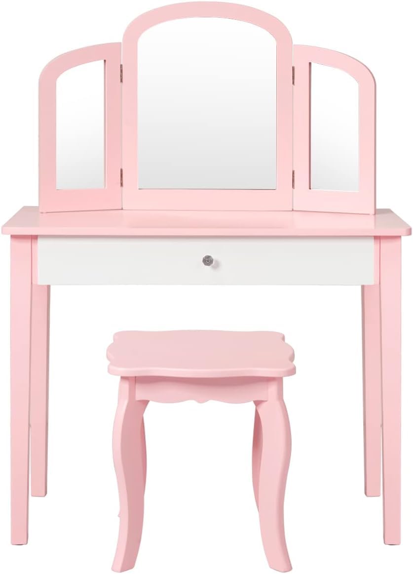 DREAMADE Schminktisch Kinder mit Hocker und abnehmbarem Spiegel,Prinzessin Frisiertisch, Frisierkommode, Kosmetiktisch, Kinderschminktisch mit Kiefernholz-Beine für Kinder Mädchen (Rosa)