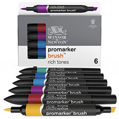 Winsor &Amp; Newton Promarker Brush - Set De 6 Rotuladores De Doble Punta, Punta Pincel, Tinta Base Alcohol, Tonos Intensos