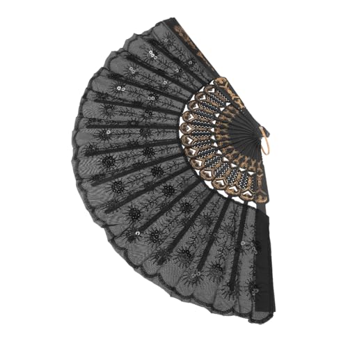 NUOLUX 折りたたみ式黒扇子 刺繍スパンコール装飾 中国舞踊用手持ち扇子 ステージパ ンス ダンス用品 伝統文化