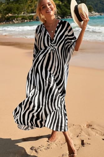 Image of IMAGEKOPE Women's Plus Size Animal Print V-Neck Batwing Kaftan Beach Dress Bathing Suit Cover-Up Loungewear