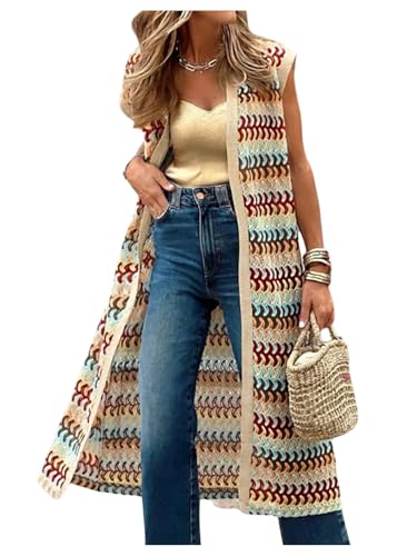 SOLY HUX Women's Open Front Long Cardigan Colorful Cap Sleeve Knit Sweater Vest Fall Clothes