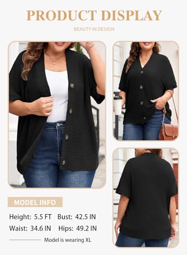 Eytino Womens Plus Size Tops Casual V Neck Short Sleeve Waffle Knit Button Down Shirts(1X-5X)3