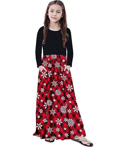 Image of KYMIDY Girl Maxi Dress Kids Casual Buffalo Check Plaid Long Sleeve Dresses with Pockets(6-14yrs)