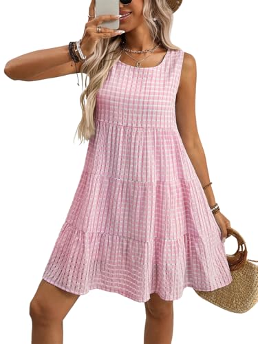 SotRong Robe d'été vichy sans manches à volants pour femme, mini robe décontractée à col rond, nuisette pour les vacances, la plage, rose, M