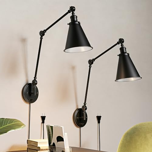 Image of Plug in Wall Sconces Set of Two, Black Swing Arm Wall Lamp with 6.6FT Plug-in Cord and Knob Switch, Metal Wall Lights for Bedroom, Reading, Study Room, Office, Living Room (2 Pack)