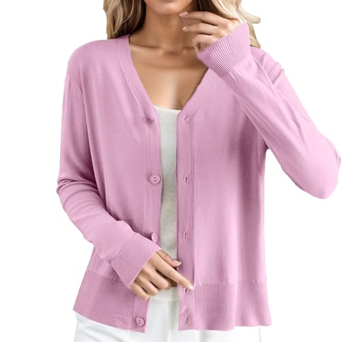 Cardigan Donna Cardigan da Donna in Cotone E Lino Tinta Unita con Maniche Lunghe Lavorato A Maglia Accogliente Elegante Versatile alla Moda Galleggiante E Facile da Pulire Rosa #1 M