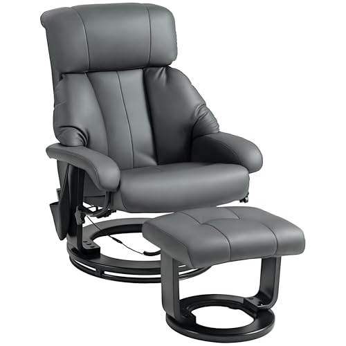 Image of HOMCOM Massage Recliner Chair with Ottoman, 360° Swivel Recliner and Footstool, 10 Point Vibration, PU Leather Reclining Chair with Side Pocket and Remote Control, Gray