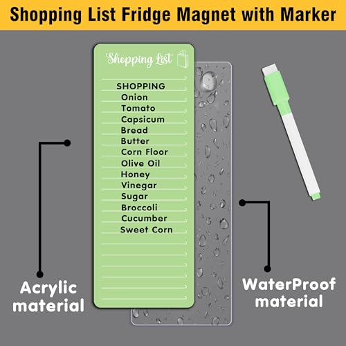 Image of Clickedin Magnetic Shopping List Grocery Fridge Magnet, 10x24 cm Acrylic Board with Marker (Green)