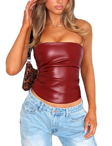 OZICERD Faux Leather Tube Top Strapless Going Out Tops for Women Sexy Club Tops Rave Concert Outfit Ruched Bandeau Crop Top Red XS