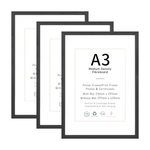 A3 Picture Frame Set of 3, Display A4 with Mat or A3 without Mat, Black Wood Photo Frames for Wall Mounting or Table Top Display