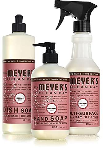 Mrs. MeyersClean Day Rosemary Kitchen Basics Set: 3 items - (1) Dish Soap, (1) Hand Soap, (1) Everyday Cleaner