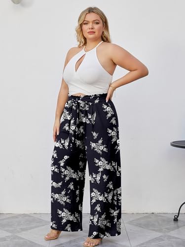 AusLook Plus Size Wide Leg Pants for Women High Waist Elastic Drawstring Palazzo Casual Lounge Beach Travel Vacation Resort White Flower Navy 1X Pants with Pockets Flowy Summer Comfy Outfit — view 3
