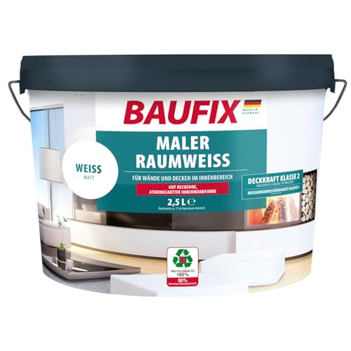BAUFIX Maler-Raumweiß weiss, matt, 2.5 Liter, Weiße Wandfarbe, mit hoher Deckkraft, Innenfarbe mit Deckfähigkeit Klasse 2, für Wände und Decken BAUFIX Maler-Raumweiß weiss, matt, 2.5 Liter, Weiße Wandfarbe, mit hoher Deckkraft, Innenfarbe mit Deckfähigkeit Klasse 2, für Wände und Decken