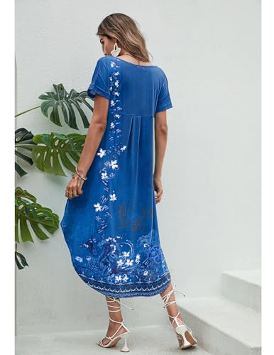Image of Ekouaer Long Nightgowns for Women Short Sleeve House Dress with Pockets V Neck Sleepshirts Side Split Sleepwear S-4XL