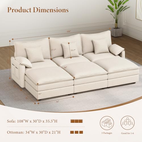 Image of Vesgantti 108 inch Sectional Sleeper Sofa, 6-Seater Oversized Modular Cloud Couch with Movable Ottoman, Corduroy Large Sofa Bed Convertible Deep Seat Couches for Living Room, Bedroom and Apartment, Beige
