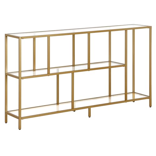 Image of Henn&Hart 52 inch Wide Rectangular Console Table with Glass Shelves in Brass, Entryway Table, Accent Table for Living Room, Hallway