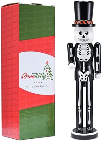 41+ykX-loJL._AC_ Ornativity Christmas Scary Skeleton Nutcracker, Black and White Wooden Day of the Dead Skeleton Nutcracker Man with Cylinder Hat Xmas and Halloween Theme Holiday Nutcracker Doll Figure Decorations