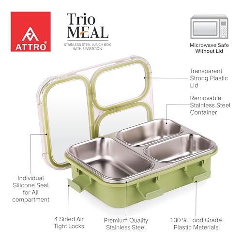 Image of ATTRO Trio Meal Stainless Steel Lunch Box with 3 Partition, Microwave Safe, Airtight Leakproof Silicone Seal Lid, BPA-Free Food Grade Tiffin Box for Office School Kids - 600ml - Green