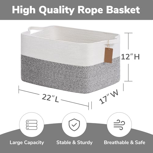 Image of Goodpick 75L Extra Large Woven Rope Blanket Basket, Rectangle, Light Gray