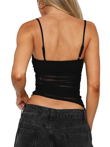 Mizoci Women's Sexy Spaghetti Straps Mesh Asymmetrical Ruched Sleeveless Going Out Camisole Crop Top2